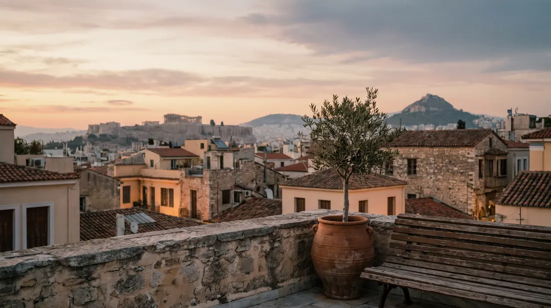 Ταράτσα στην Αθήνα με ελιά σε γλάστρα, στο πρώτο φως της ημέρας